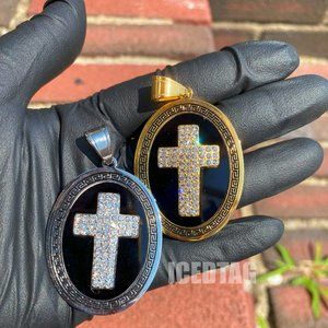 Gold Plated Iced Blinged Medallion Cross Cubic Zirconia Diamond Pendant Charm